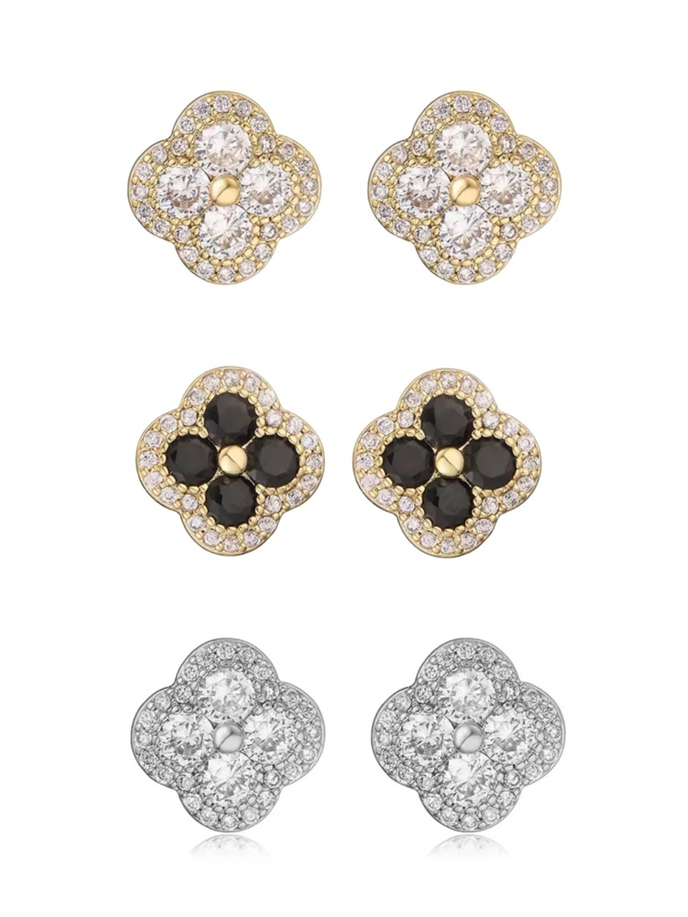 18K Gold Plated Elegant CZ Clover Stud Earring (1 Pair) - Gold, Black, Silver